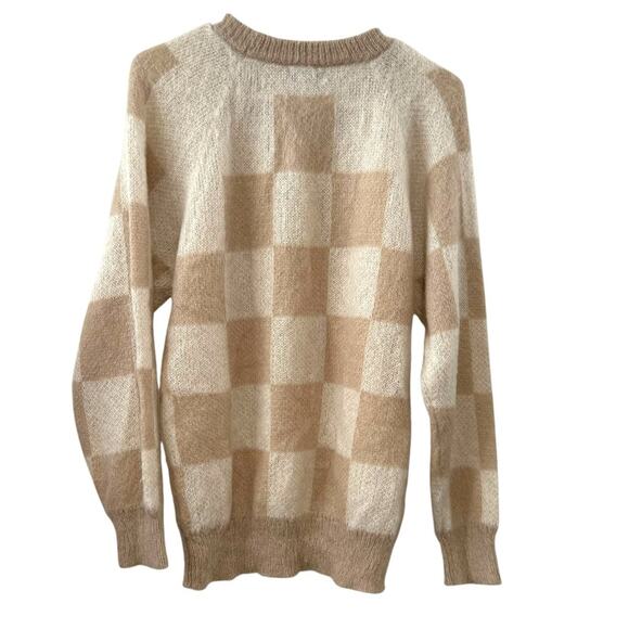 Bianco & Blu Italy Large Tan Cream Checkered Mohair Wool Blend Sweater Pullover - Picture 3 of 4
